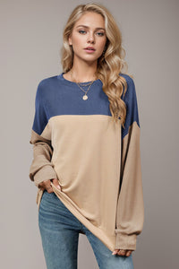 Double Take Contrast Round Neck Long Sleeve T-Shirt