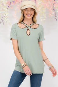 Full Size Crisscross Cutout Leopard Contrast Trim T-Shirt