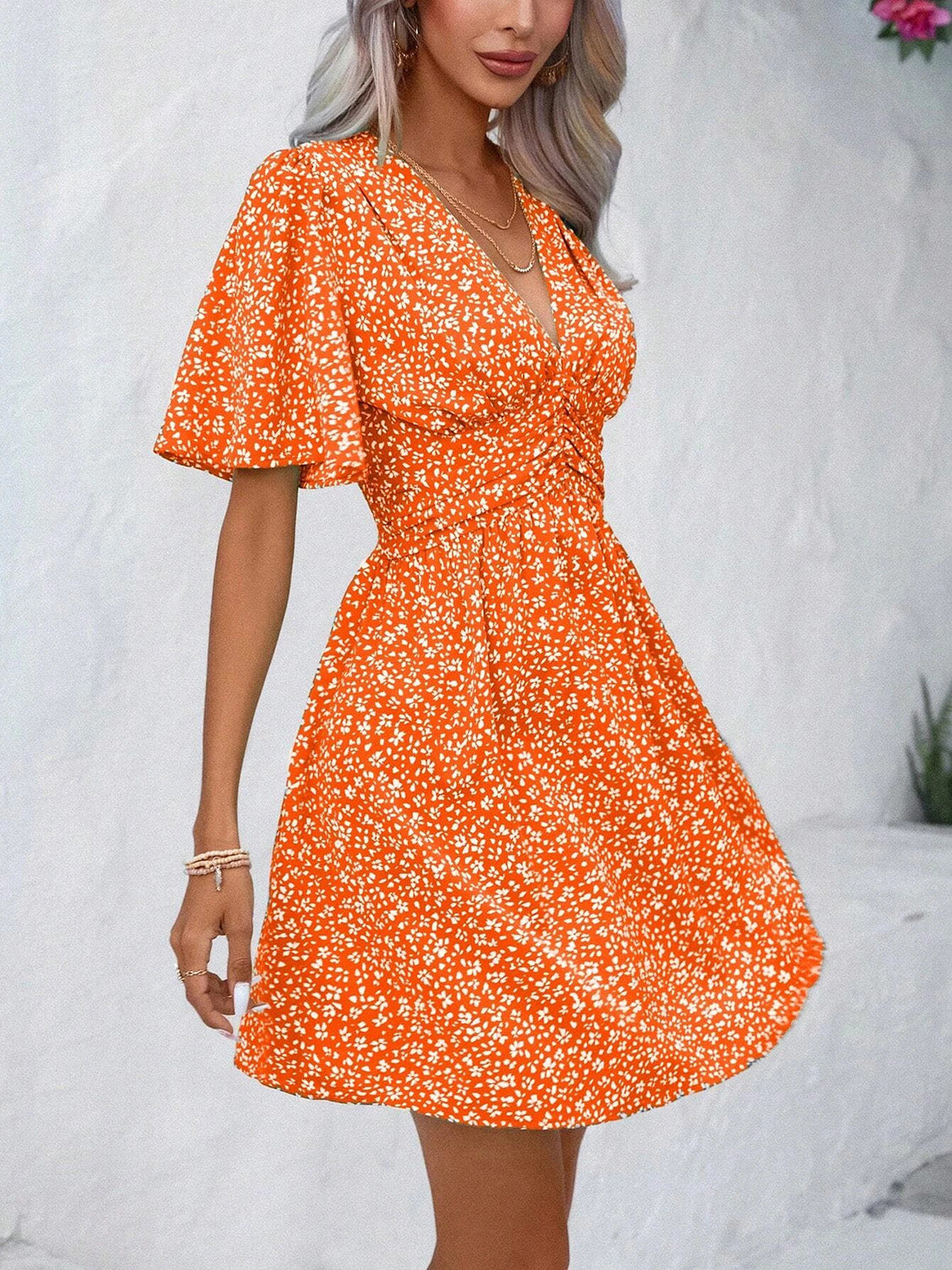 Printed Half Sleeve V-Neck Mini Dress