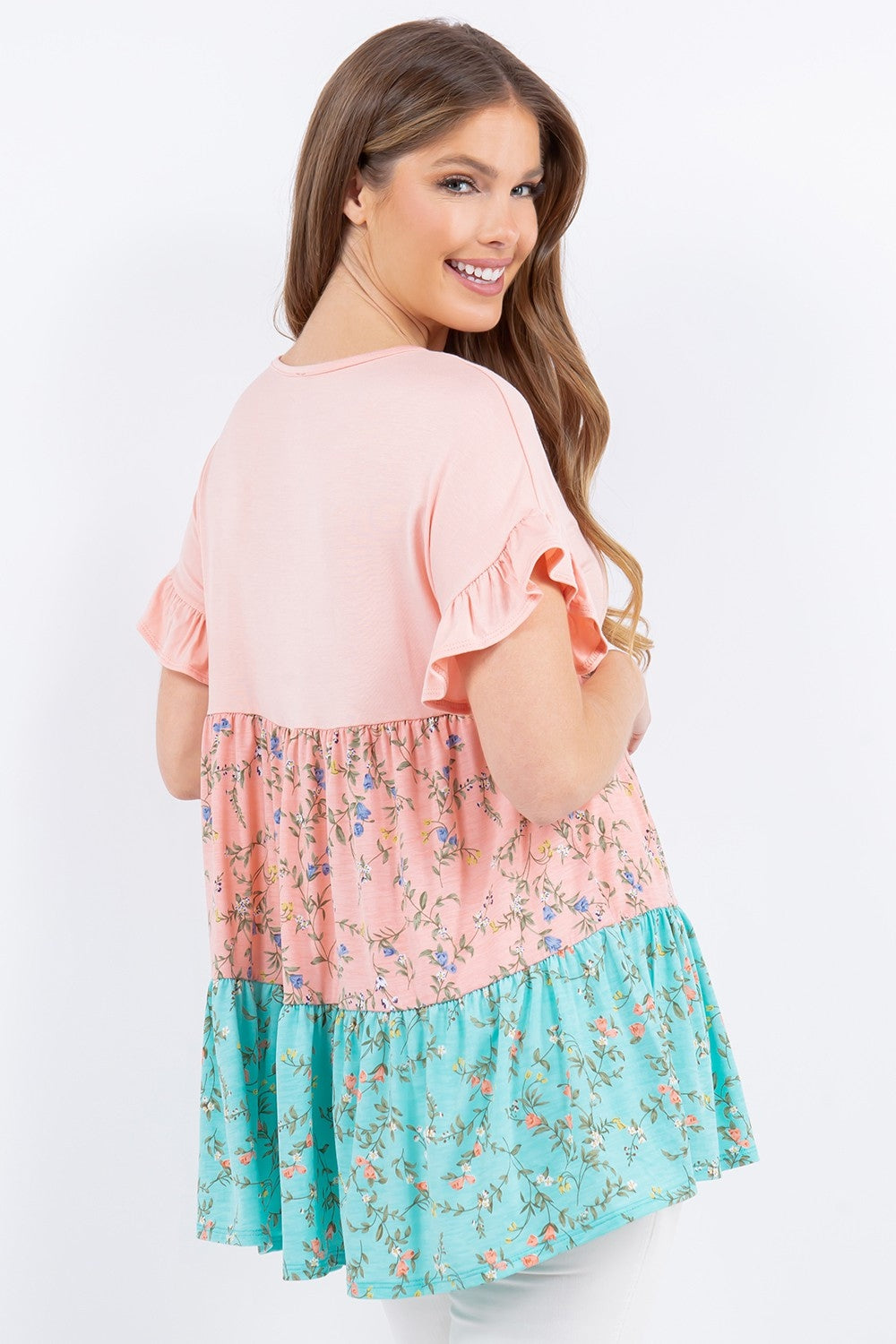 Size Floral Color Block Ruffled Short Sleeve Top
