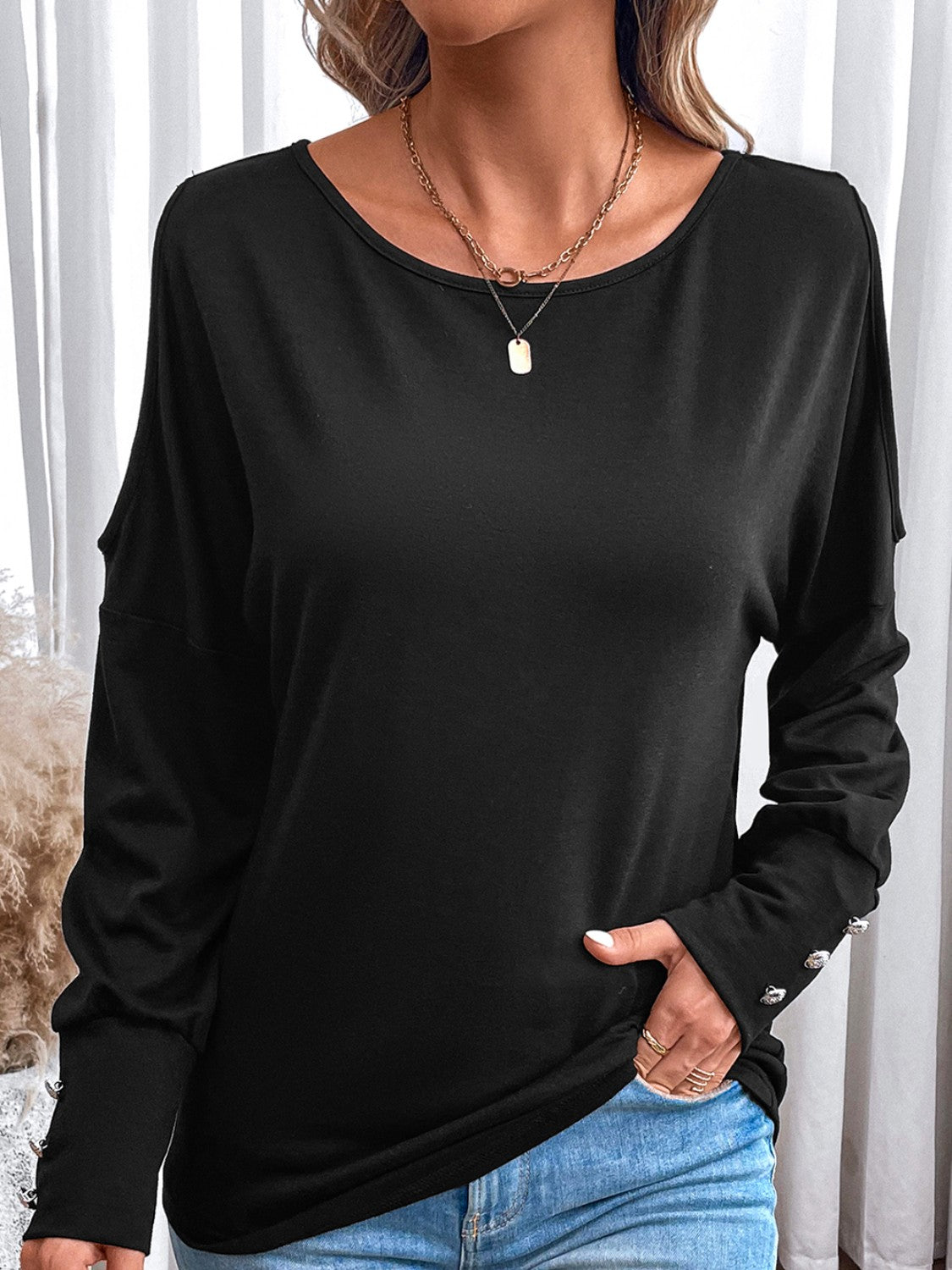 Cutout Round Neck Long Sleeve T-Shirt