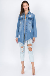 Distressed Frayed Hem Denim Jacket