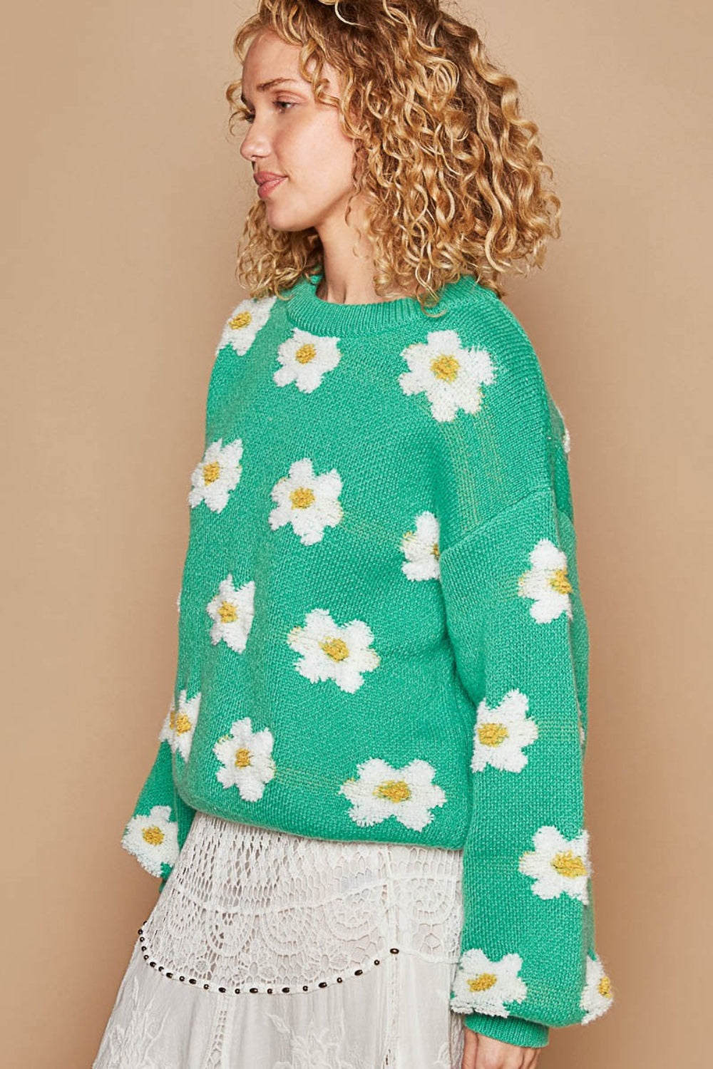 Daisy Pattern Drop Shoulder Sweater