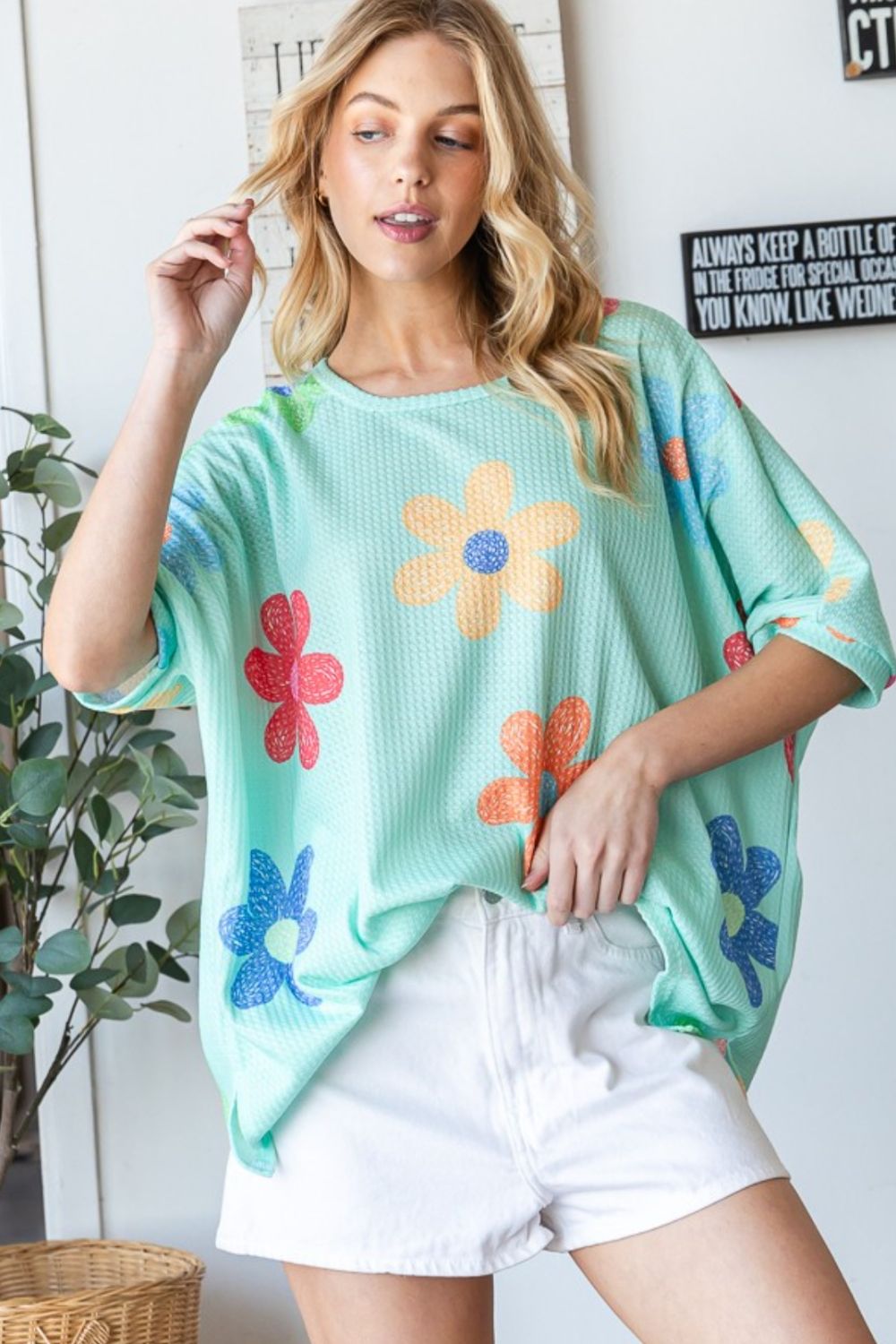 Floral Waffle Oversize T-Shirt Neon Green