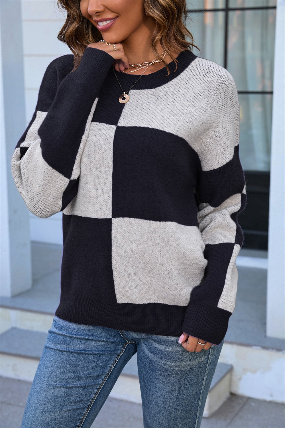 Angel Wings Color Block Round Neck Dropped Shoulder Sweater