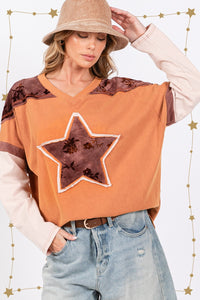 Star Patch Long Sleeve Color Block T-Shirt