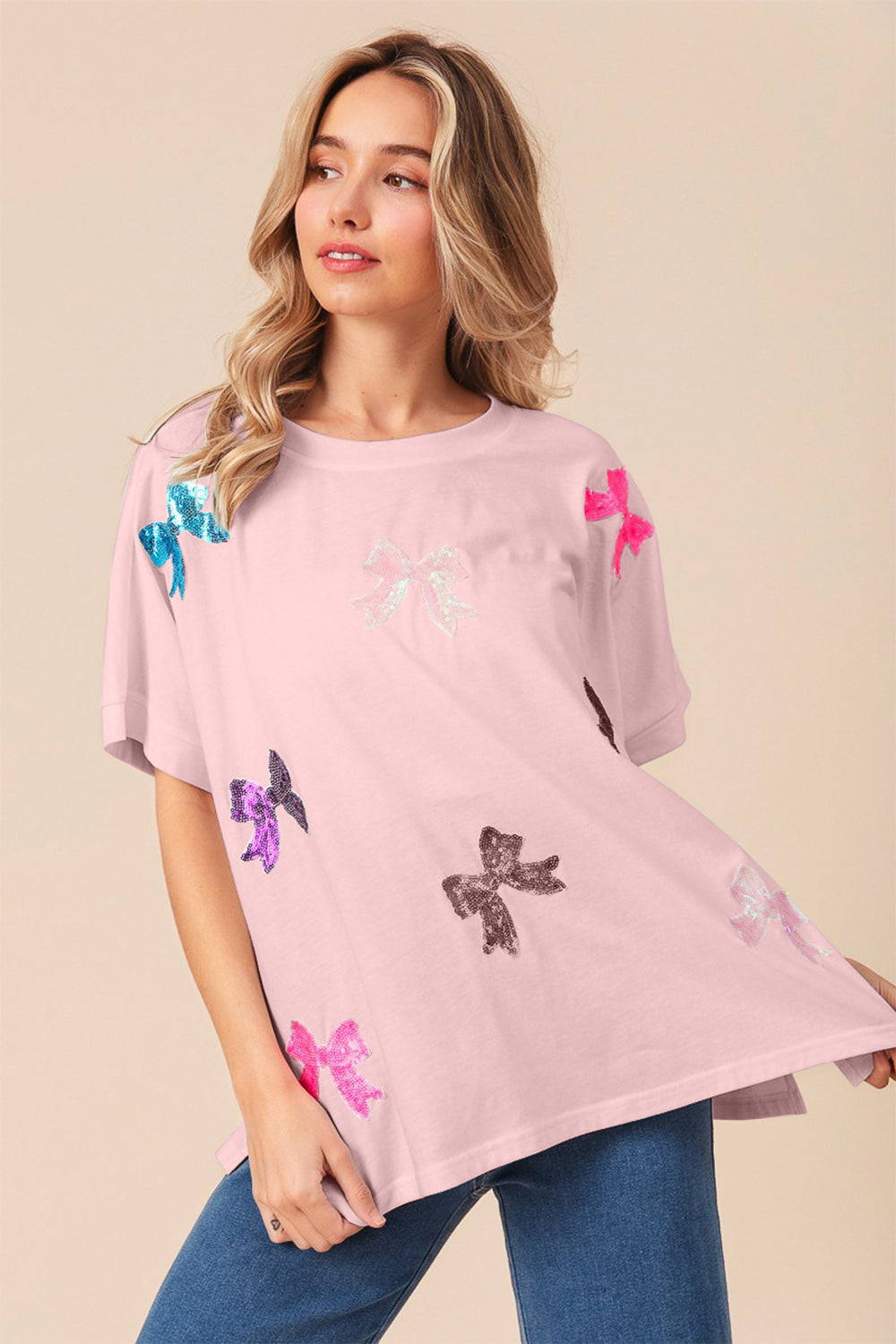 Sequin Bow Patch Short Sleeve T-Shirt