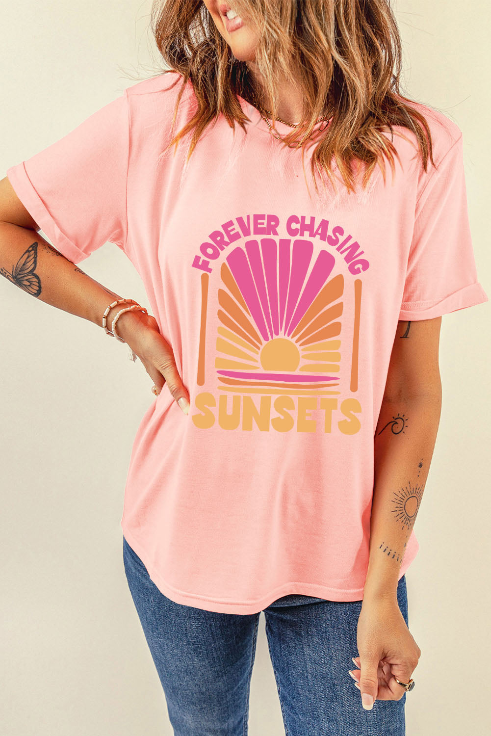 FOREVER CHASING SUNSETS Round Neck T-Shirt
