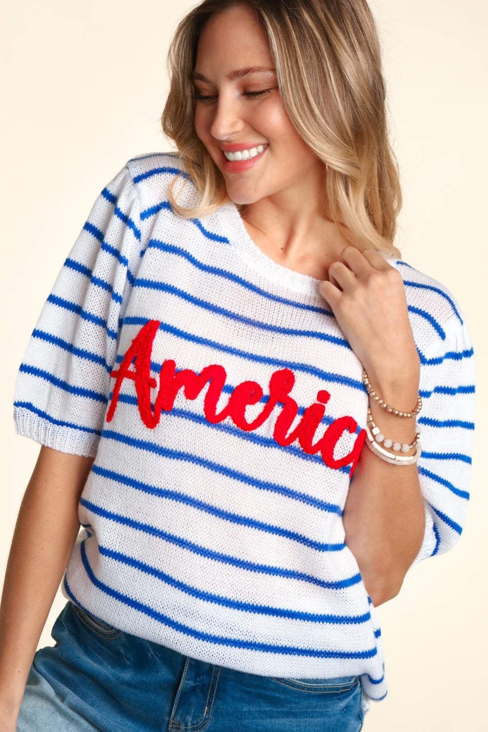 Letter Embroidery Striped Knit Top