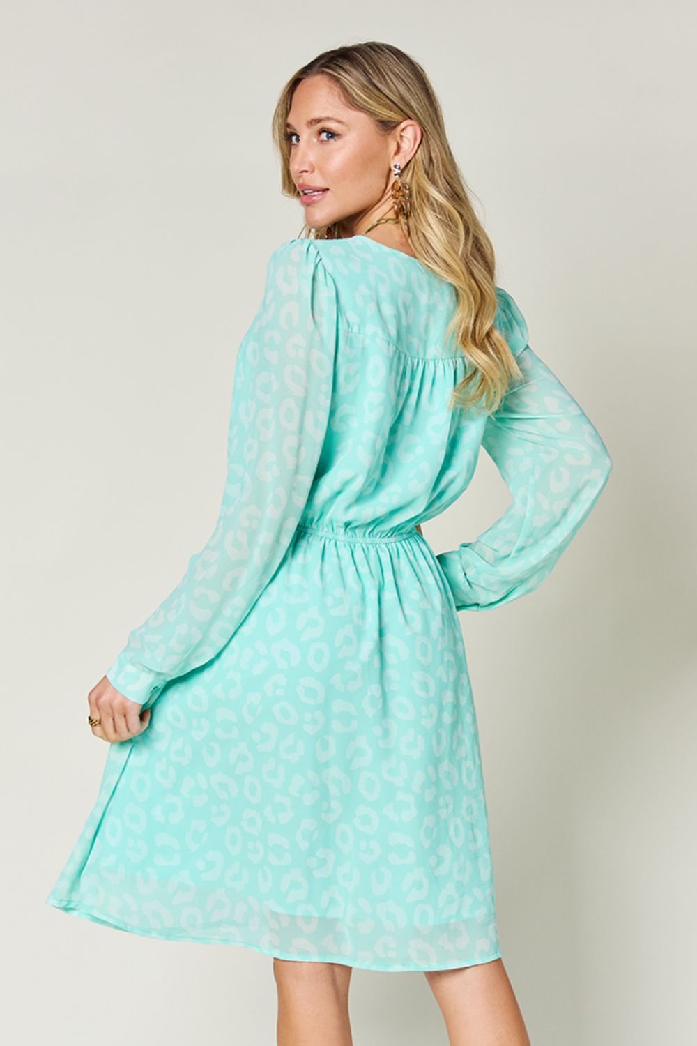 Double Take Full Size Printed Ruched V-Neck Long Sleeve Dress