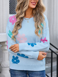 Angel Wings Flower Round Neck Long Sleeve Sweater