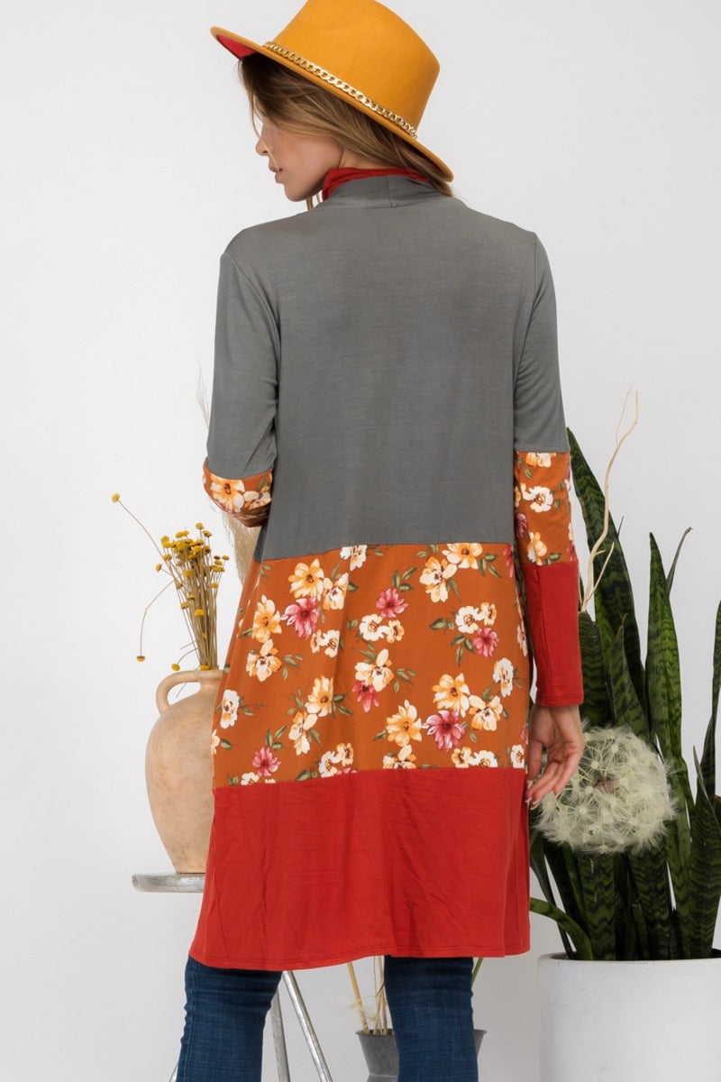 Full Size Floral Color Block Open Front Cardigan