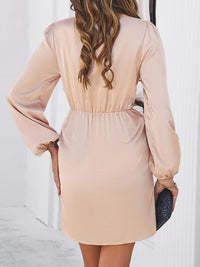 Devine Ruched Surplice Long Sleeve Mini Dress