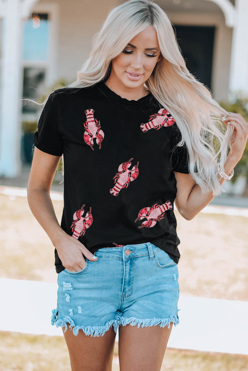 Lobster Print Round Neck Short Sleeve T-Shirt