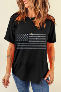 Rhinestone US Flag Round Neck Short Sleeve T-Shirt