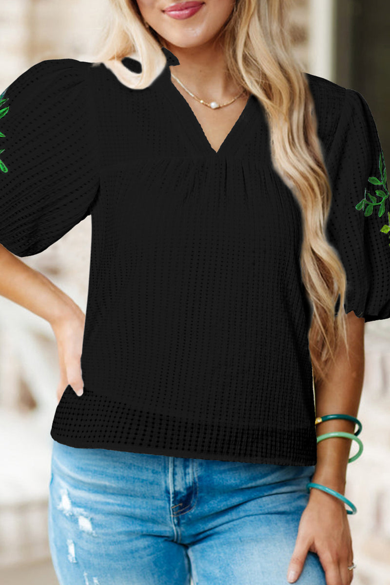 Embroidered Notched Puff Sleeve Blouse