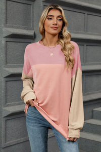 Double Take Contrast Round Neck Long Sleeve T-Shirt