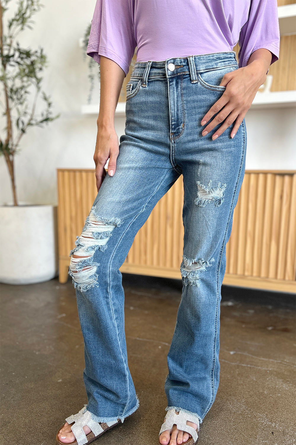 Full Size Distressed Raw Hem Bootcut Jeans
