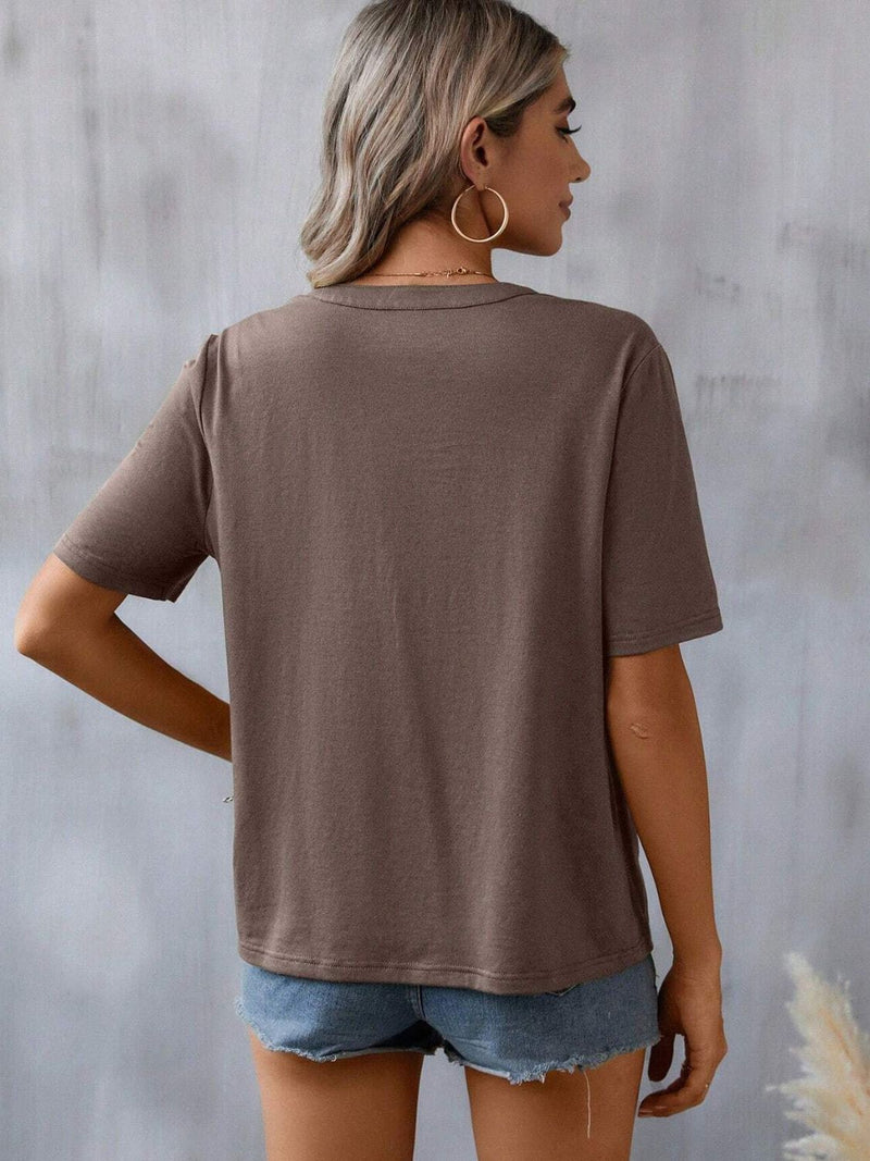Embroidered Notched Short Sleeve T-Shirt