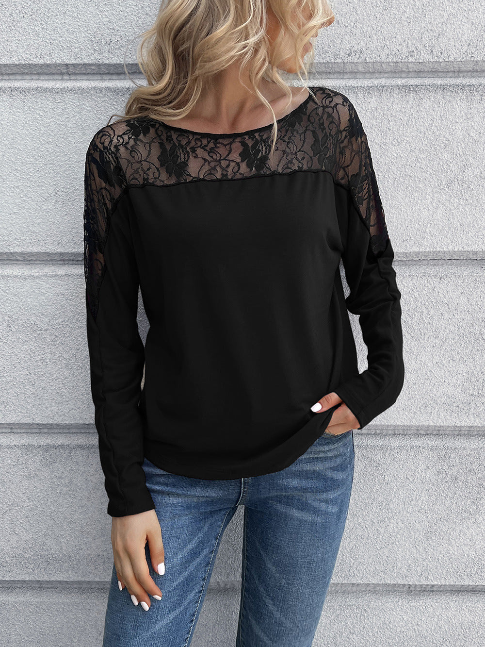 Lace Long Sleeve Round Neck Tee