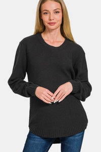 Ful Size Round Neck Long Sleeve Curved Hem Sweater