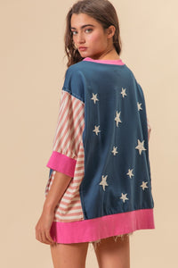 US Flag Theme Color Block Star Patch T-Shirt