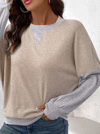 Perfee Contrast Round Neck Long Sleeve T-Shirt