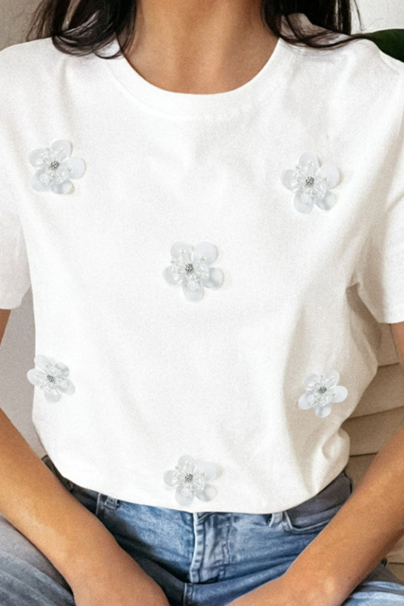 Flower Round Neck Short Sleeve T-Shirt