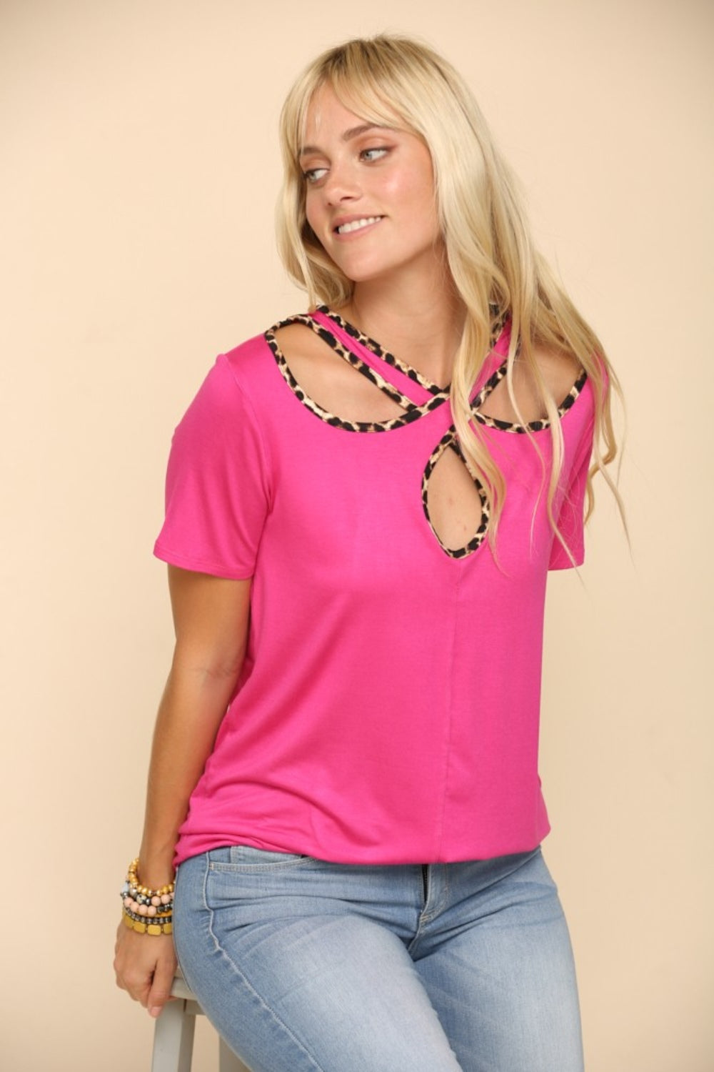 Full Size Crisscross Cutout Leopard Contrast Trim T-Shirt