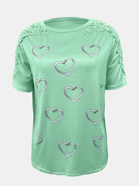 Full Size Lace Detail Heart Round Neck Short Sleeve Top