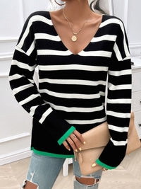 Striped V-Neck Long Sleeve Knit Top