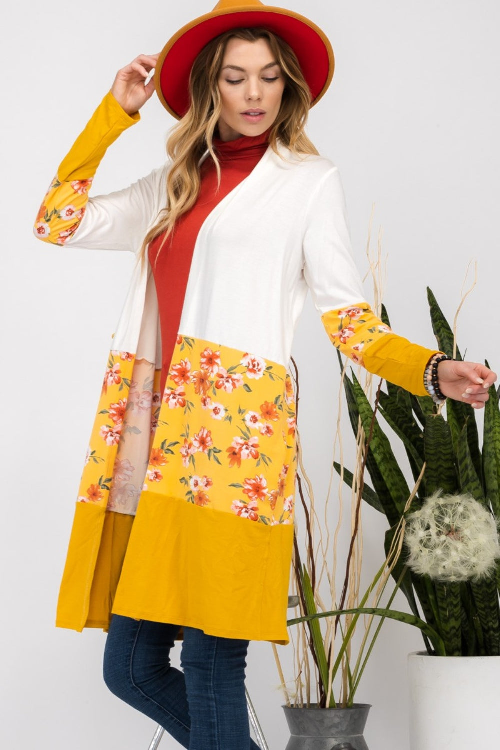 Full Size Floral Color Block Open Front Cardigan