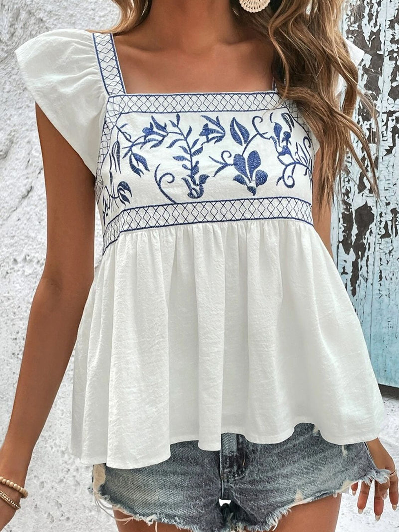 Tied Embroidered Ruffled Square Neck Cap Sleeve Blouse