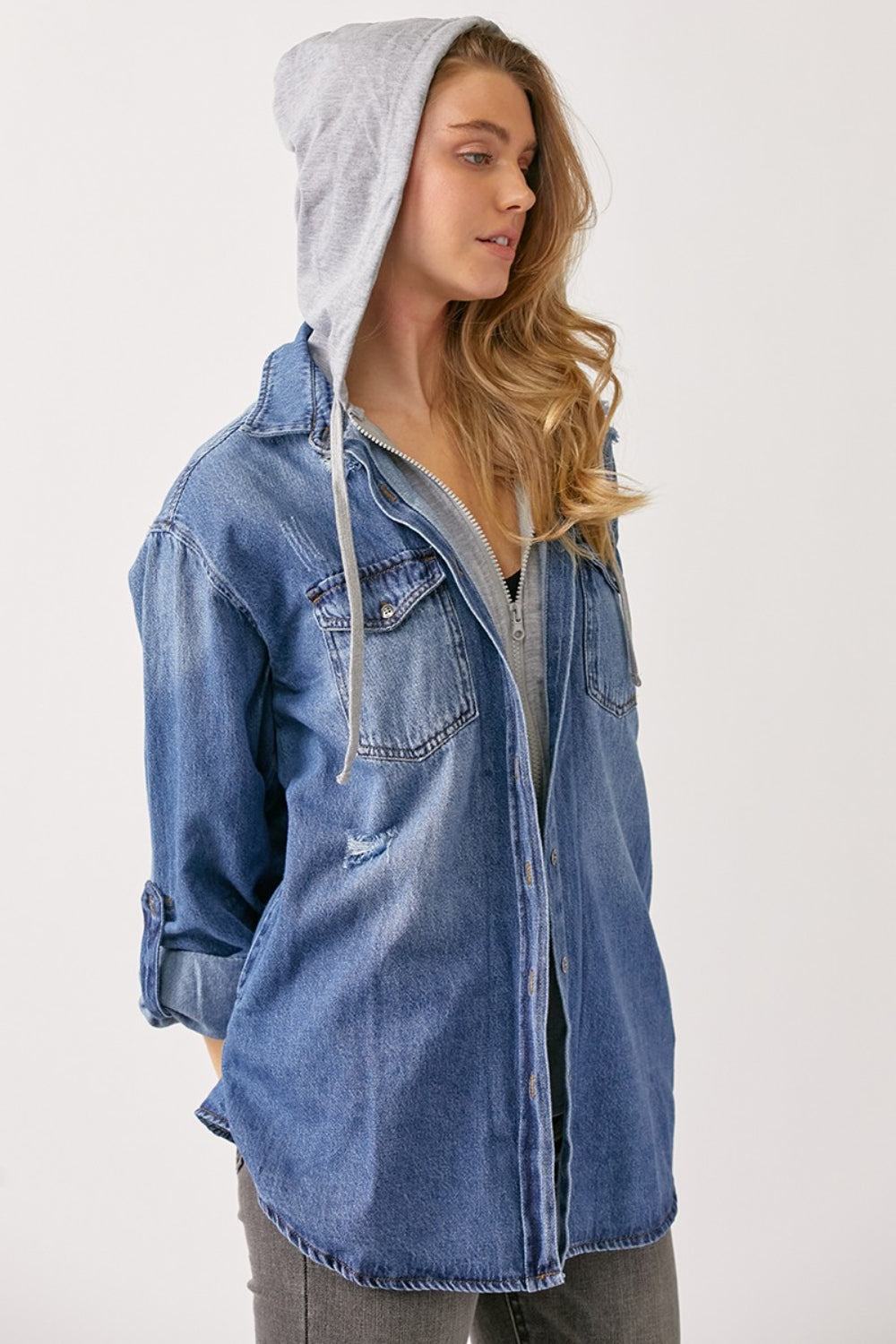 Zip Up Hooded Denim Shirt