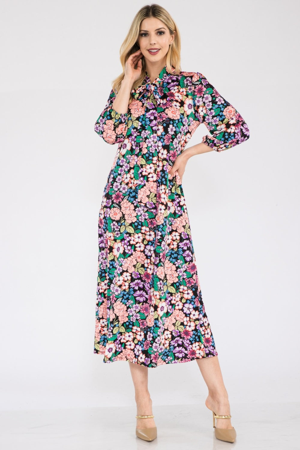 Full Size Floral Midi Dress with Bow Tied