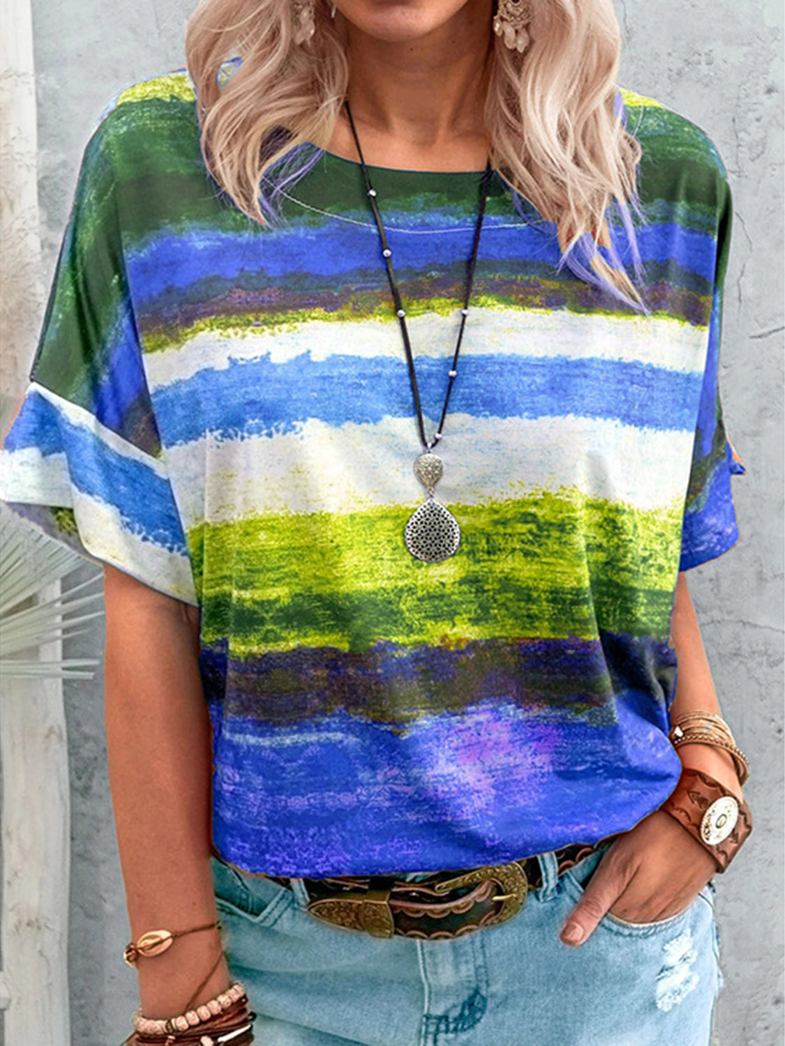 Full Size Color Block Round Neck Half Sleeve T-Shirt