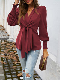 Smocked Surplice Long Sleeve Blouse