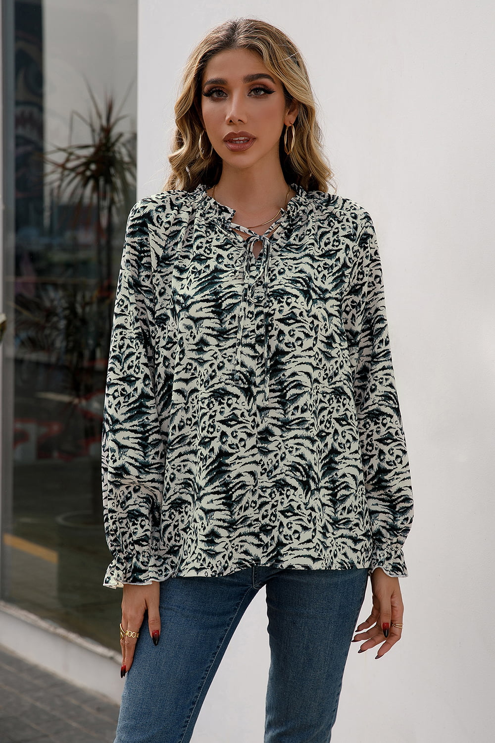 Ivy Lane Printed Tie Neck Frill Trim Flounce Sleeve Blouse