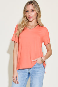 Bamboo Full Size V-Neck High-Low T-Shirt