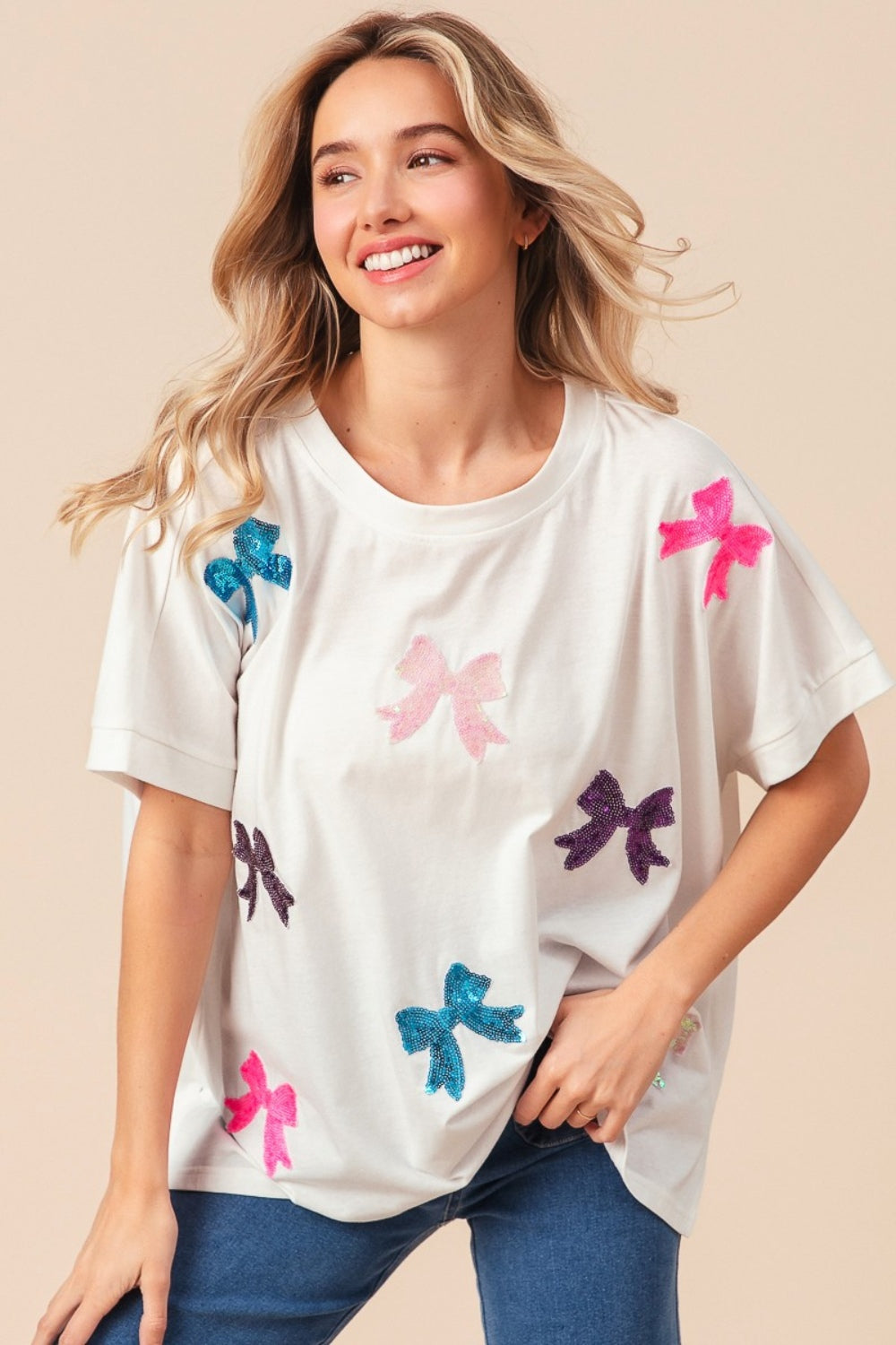 Bow Patch Sequin Short Sleeve T-Shirt