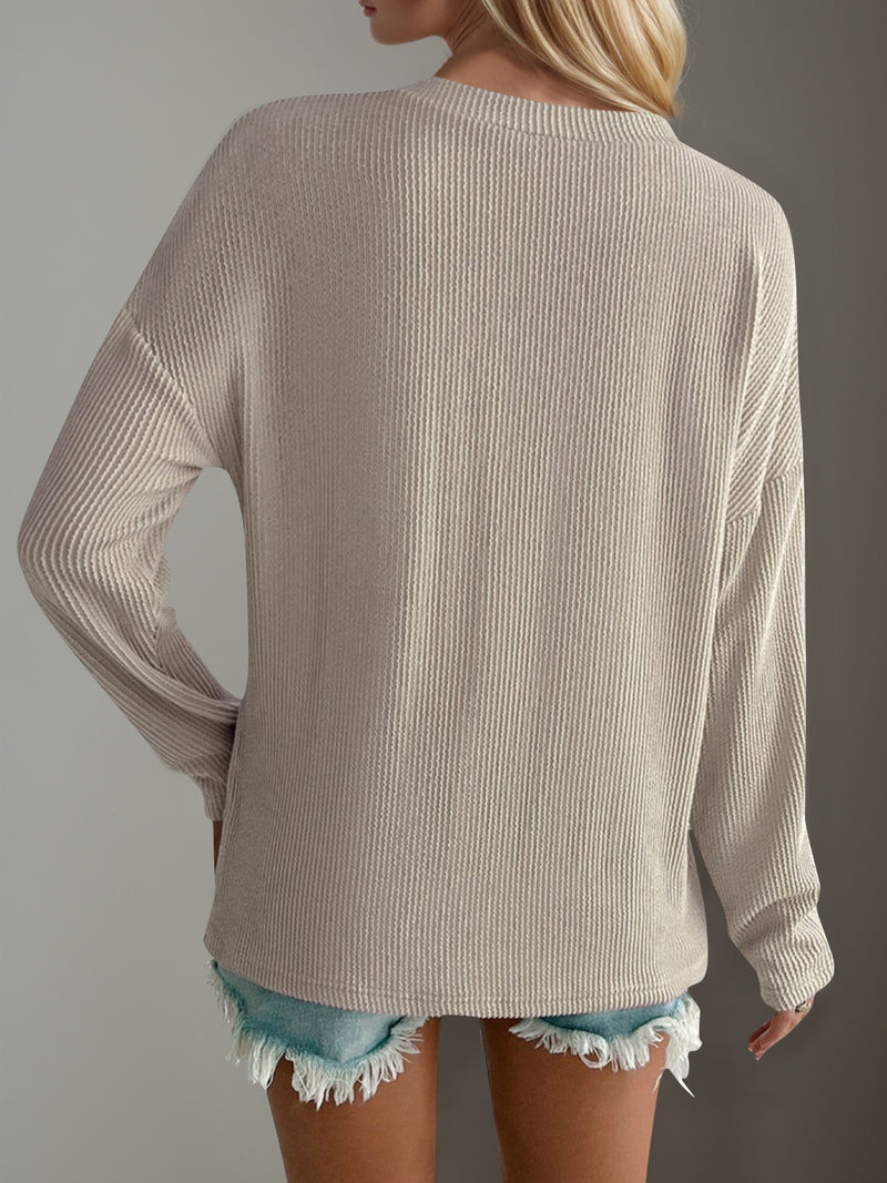 Double Take Pocketed Textured V-Neck Long Sleeve T-Shirt