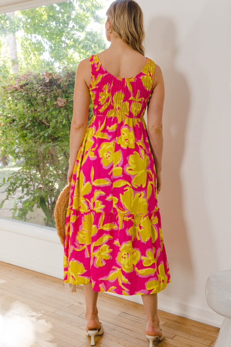 Full Size Floral Smocked Ruffled Midi Dress