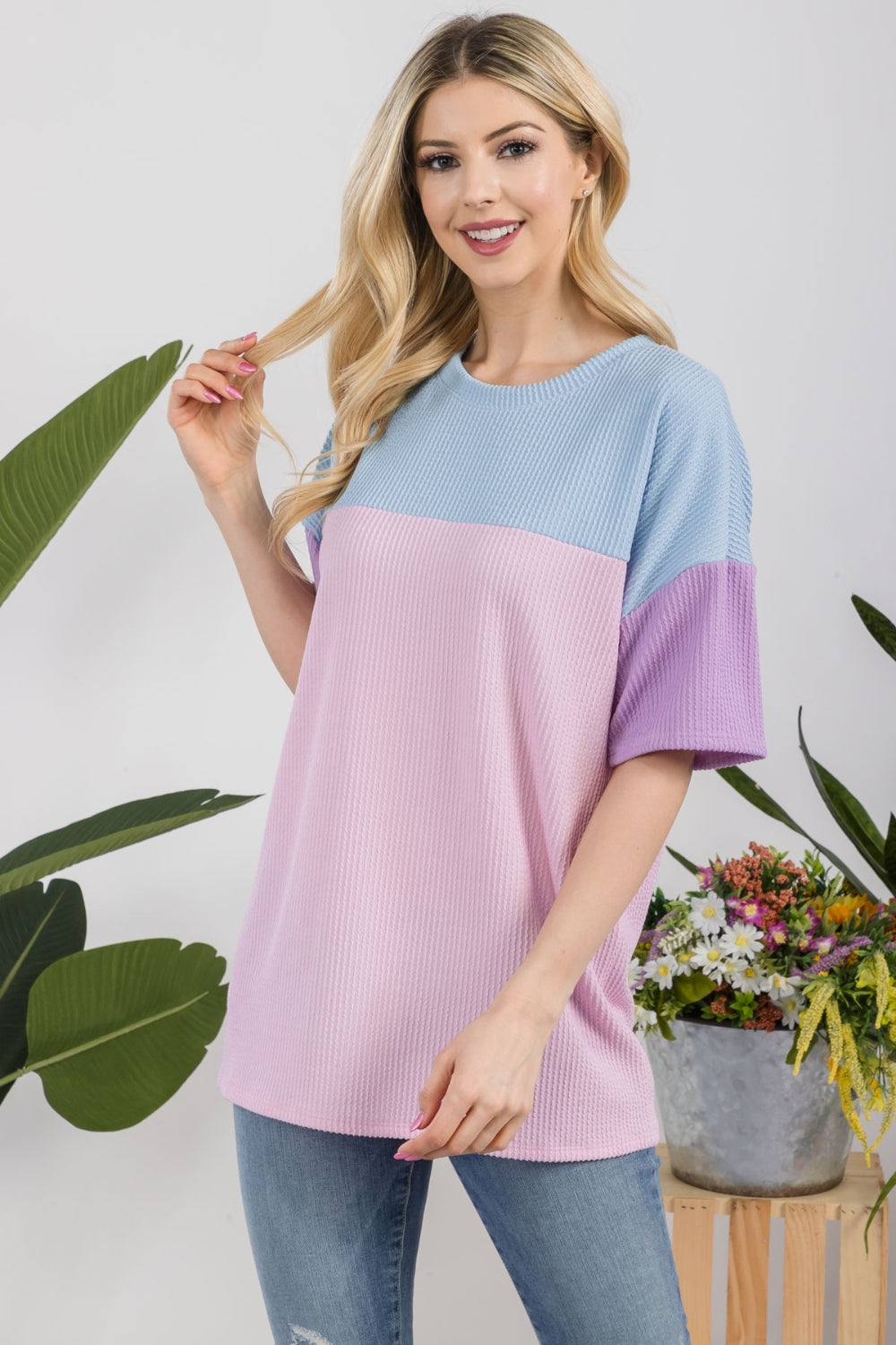 Full Size Ribbed Color Block T-Shirt