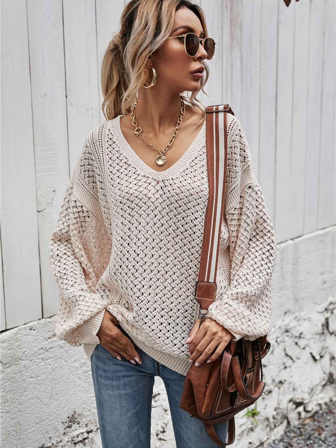 Angel Wings V-Neck Dropped Shoulder Sweater