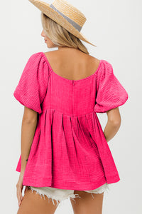 Pleated Puff Sleeve Washed Blouse