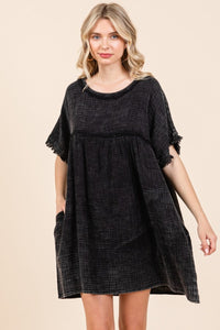 Full Size Short Sleeve Babydoll Texture Dress with Pockets