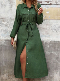 Perfee Collared Neck Long Sleeve Midi Shirt Dress