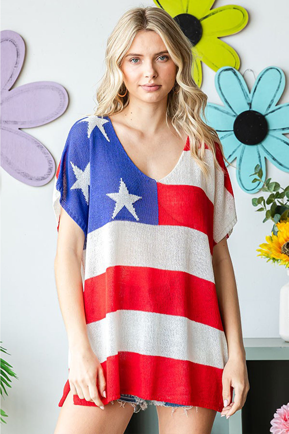 Full Size USA Flag Drop Shoulder Knit Top
