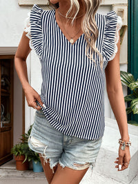 Lace Detail Ruffled Striped V-Neck Cap Sleeve Blouse