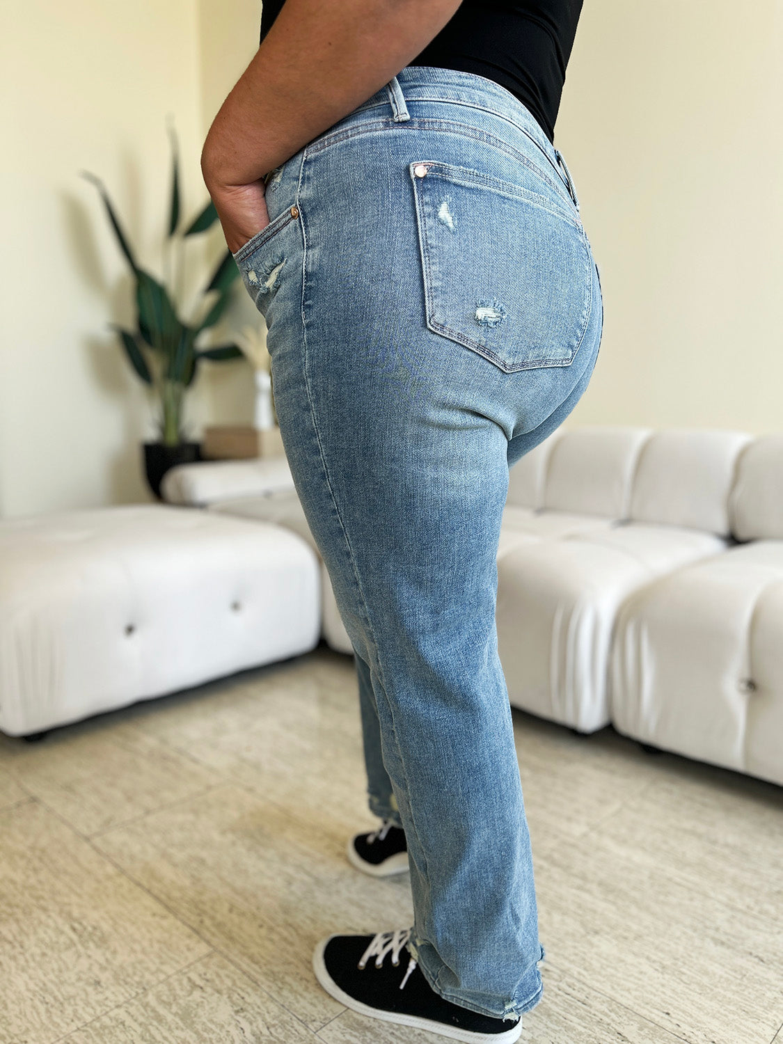 Full Size High Waist Distressed Straight Jeans
